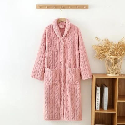 Nieuwe herfst/winter dames badjas flanel verdikt warm gesp lange jurk effen kleur nachthemd huis bont dames M beige