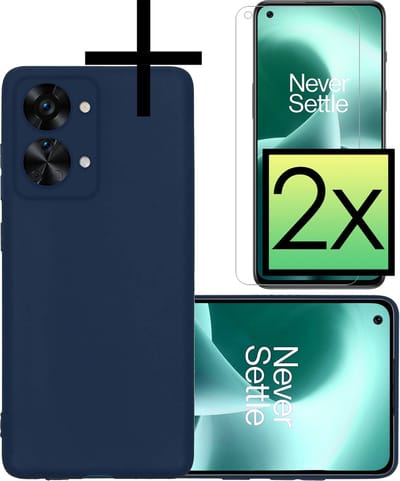 Hoesje - Met 2x Screenprotector - Geschikt voor OnePlus Nord 2T - Sterk & Shockproof - Back Cover - Siliconen Case - Telefoon Hoes - Donkerblauw