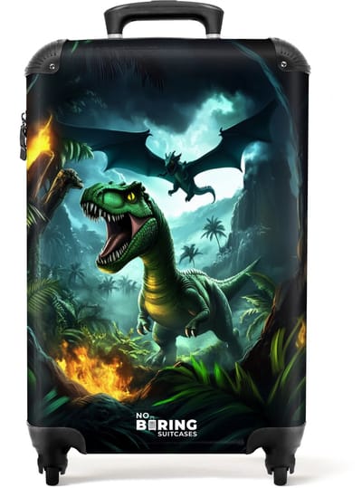 NoBoringSuitcases.com® - Kinderkoffer jongen - Kindertrolley jongens - Dinosaurus en draak in vurige junglevallei - Handbagage koffer lichtgewicht - Reiskoffer trolley kinderen - Rolkoffer met wieltjes - Past binnen 55x40x20 en 55x35x25