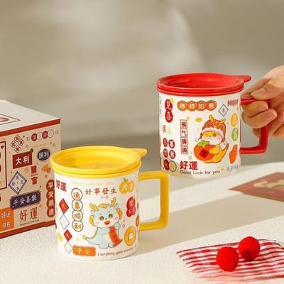 Nieuwjaar Creatieve Cartoon Jaar van de Draak Mok Lente Festival Cadeau Drinkwaterbeker Chinese Stijl Keramische Beker Koffiekopje Souvenir 350ML white