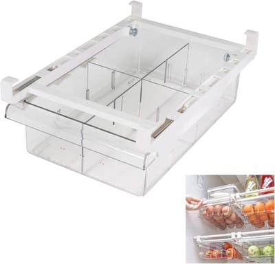 Opbergdozen - Koelkastlade-organizer - Koelkastorganizer - Uittrekbaar met handgreep - Opbergdozen met plankbeugel - Doorzichtige containers voor eten en drinken - Past op koelkastplanken onder 0,6 inch - (1 middelgrote verpakking)