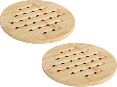 Bambou & Co Pannenonderzetter - 2x - rond - D19 cm - bamboe hout - met luchtgaten