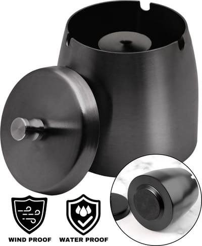 Boncy® Premium Asbak met Deksel - Zwart RVS - Asbakken voor Buiten en Binnen - Asbak Auto - Terras Grote Stormasbak Weersbestendig