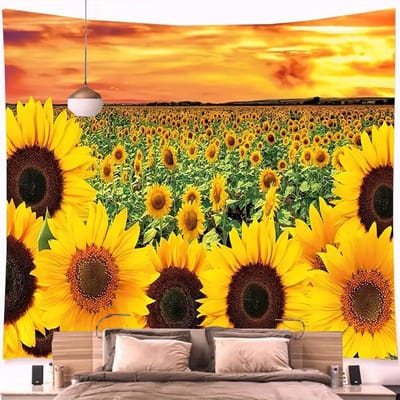 Zonnebloem Wandkleed Zonsondergang Zonnebloemenveld Muurkunst Goudgele Zonnebloemen Wandkleden Warm Geel Bloemenplant 70x100CM