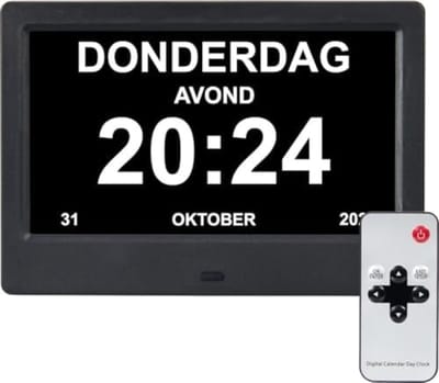 PromoHome Dementieklok met 24 Alarmfuncties - Automatische Dimfunctie - Kalender - Afstandsbediening - Grote Digitale en Analog Display - Zwart
