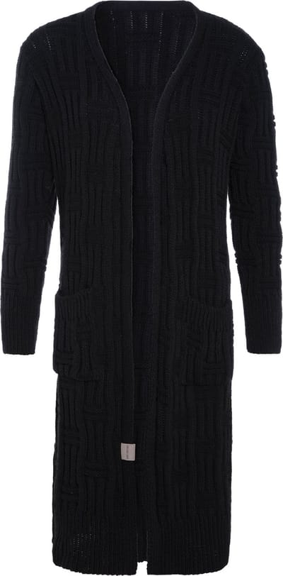 Knit Factory Bobby Lang Gebreid Vest - Cardigan voor de herfst en winter - Zwart damesvest - Lang vest tot over de knie - Grof gebreid vest uit 30% wol en 70% acryl - Zwart - 36/38 - Met steekzakken