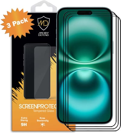 3-Pack MobyDefend Screenprotectors - Geschikt voor iPhone 16 Plus - Screensavers Met Zwarte Randen - Gehard Glas