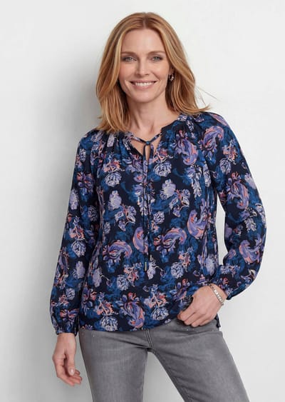 Overslagblouse van zuivere viscose - paars / gedess. - Gr. 19 van Goldner Fashion