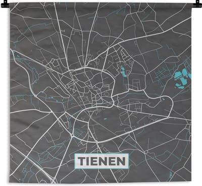 Wandkleed - Wanddoek - België – Tienen – Stadskaart – Kaart – Blauw – Plattegrond - 180x180 cm - Wandtapijt