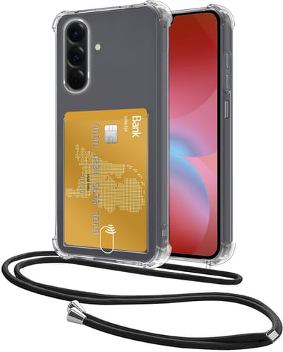 Hoes Geschikt voor Samsung Galaxy A26 Hoesje Pasjeshouder Cover Met Koord Shock Proof Case Siliconen Hoes Met Telefoonkoord en Kaarthouder - Transparant