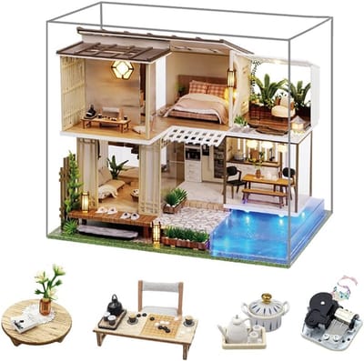 DIY Miniatuur Villa Poppenhuis Kit met Stofhoes - Houten Model Bouwpakket