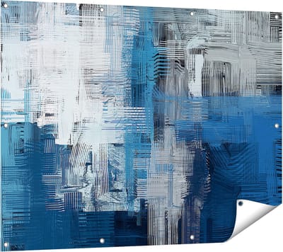Gards Tuinposter Abstracte Kunst - Blauw Witte Penseelstreken - 120x90 cm - Tuindoek - Tuindecoratie - Wanddecoratie buiten - Tuinschilderij