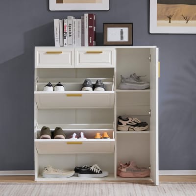 Wishdor - Schoenenkast - Verstelbare Planken En Ladeopberging - Klassiek Ontwerp - Voor De Hal - Spaanplaat - Wit - 95 X 24 X 107,5 Cm