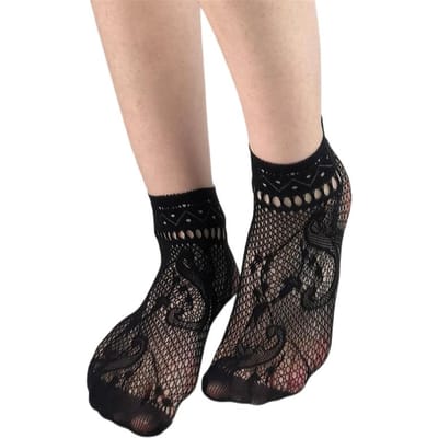 Zwarte visnet enkelsokken voor dames Retro bloemenjurk Uitgesneden Elastisch nylon Met patroon Korte sokken One Size beige