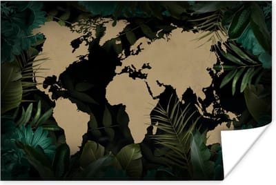 Poster 30x20 cm - Wereldkaart - Zwart - Planten - Posters - Kamer decoratie - Wanddecoratie woonkamer - Muurdecoratie slaapkamer