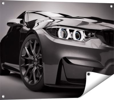 Gards Tuinposter Grijze Sportwagen Auto - Zwart Wit - 80x60 cm - Tuindoek - Tuindecoratie - Wanddecoratie buiten - Tuinschilderij