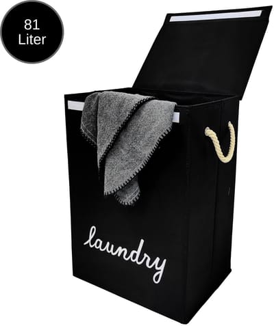 Janse® Wasmand zwart met wit - Stevige opvouwbare wasmand met deksel - 81 Liter - Met handvatten - Laundry basket - Badkamer organizer - Opbergbak - Ruime wassorteerder