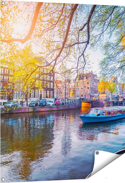 Gards Tuinposter Amsterdamse Gracht tijdens het Voorjaar - 80x100 cm - Tuindoek - Tuindecoratie - Wanddecoratie buiten - Tuinschilderij