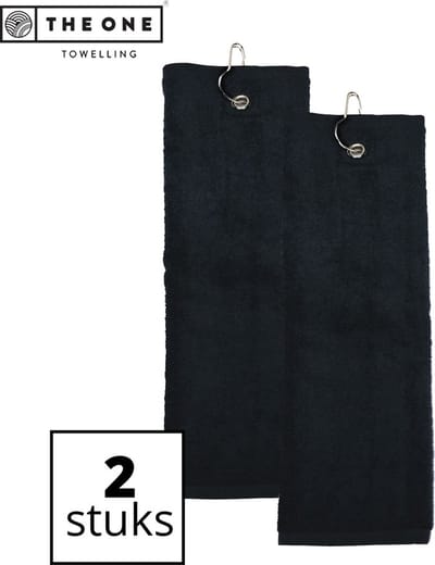 The One Towelling Golfhanddoeken - Sporthanddoek - Voordeelverpakking - Terry Velours - 100% Gekamd Katoen - Met metaal oog en karabijnhaak - 40 x 50 cm- Zwart - 2 Stuks