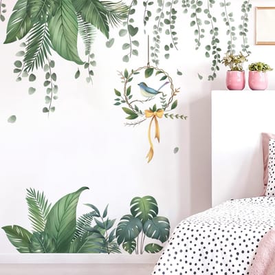 Allecto - Tropische planten muursticker - Jungle decoratie - Ideaal voor woonkamer en slaapkamer - Wijnstokken en palmbladeren - Muurstickers voor ...