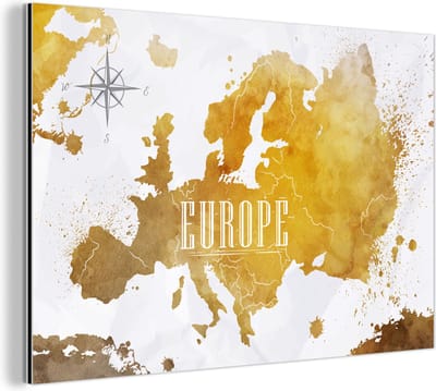 Aluminium schilderij 180x120 cm - Wanddecoratie metaal - Wereldkaarten - Europa - Goud - Metalen muurdecoratie woonkamer - Decoratie industrieel - Foto op dibond - Industriële accessoires slaapkamer