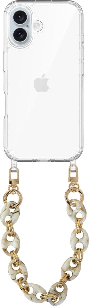 xoxo Wildhearts siliconen hoesje - Geschikt voor iPhone 16 - Marble Creme - Kort Koord - Telefoonhoesje - Hoesje met koord - telefoonkoord - Transparant hoesje - Kort marmerprint beige koord
