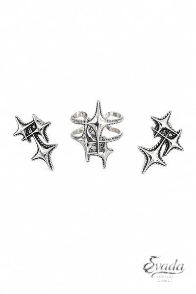 925 sterling zilver, zilveren sieradenset, verstelbare ring, zilveren oorstekers, sterren oorbellen, dames sieraden, zilveren ring, cadeau voor haar, Evada Jewelry.