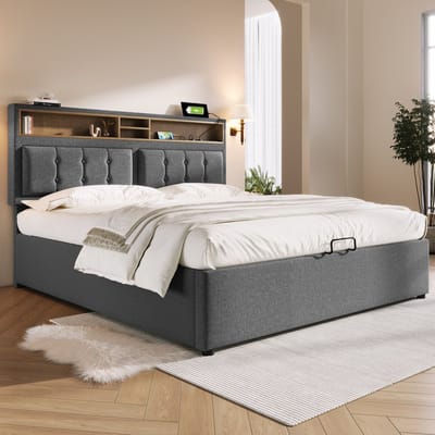 Wishdor Opbergbed 160x200 cm – Verstelbaar Hoofdbord & Laadstation – 2 Stopcontacten & USB-C – Linnen Grijs – Maximale Opbergruimte