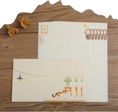 Set van 6 Briefpapier met 3 Enveloppen, Wit, Gedrukt met Speelse Kitten voor Uitnodigingen en Brieven (21cm x 14.5cm) - Perfect voor Persoonlijke Notities en Creatieve Projecten