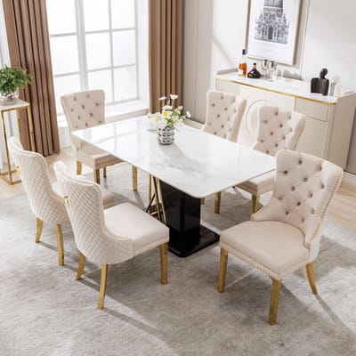 Eetkamerstoel - Set Van 6 - Beige - Fluweelachtig materiaal - Metalen Poten - Eetkamerstoelen - Verstelbare voetjes - Keukenstoel - Draagvermogen 150KG - Scandinavisch Design