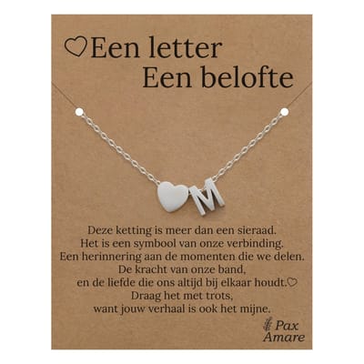 Letter M ketting op Cadeau Kaartje - Een letter, een belofte - 45cm Zilverkleurig Stainless Steel - Initiaal & Hartje Hanger - Pax Amare