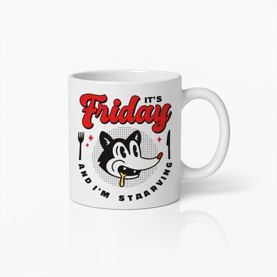 Het is Vrijdag en Ik Heb Honger Mok 330ml – Grappige Retro Wolf Ontwerp Koffiebeker – Perfect Cadeau voor Kantoorhumor en Weekendliefhebbers