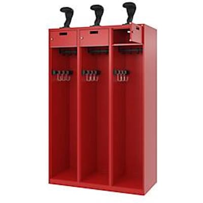 Brandweerkluis C+P Evolo PRAKTUS, 3 vakken, helmhouder, met sokkel, vloerglijders, B 1200 x D 500 x H 1850 mm, RAL 3000 vuurrood