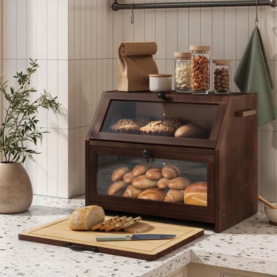 Eco Broodtrommel Mand Met Snijplank Opbergdoos Keuken Container Zichtbaar Voor Brood, Geroosterd 39 X 26 32,5 Cm (L B H) Cm,