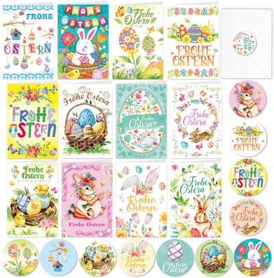 Dailygoods- Paaskaarten Set - 12 Vrolijke Paaskaarten - Met Envelopstickers - Vouwkaarten voor Pasen - Geschenkkaarten - Voor Kinderen en Volwassenen - Wenskaarten
