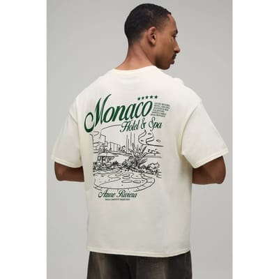Ecru Oversized Boxy T-shirt Met Monaco Hotel Print | Size Large