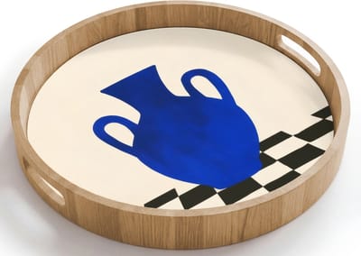 Dienblad rond 40x40 cm - Schootdienblad hout - Vaas - Blauw - Geblokt - Modern - Borrelplank rechthoek - Plateau houten dienbladen