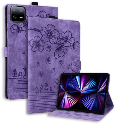 Luxe Bescherm-Cover Etui Hoes Map geschikt voor Xiaomi Pad 7 - Pad 7 PRO - Pad 8 - Pad 8 Pro - Bloemen en Kat - Paars