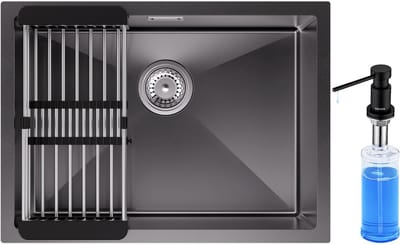 CECIPA max Spoelbak Keuken 60x44cm Antraciet - Spoelbak Met Zeepdispenser(300ML) - Spoelbakken Keuken met Uittrekbare Afvoermand - I nbouw gootsteen 1 kom met sifon - afvoer en overloopset
