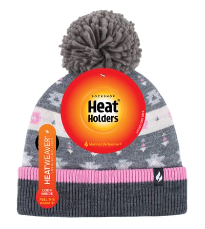 Heat Holders - Dames Thermische Winter Pom Pom Muts - Roze / Grijs