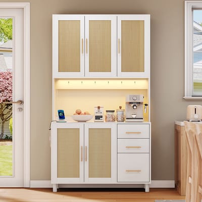 BLACKCOLORS Keukenbuffet van 183 cm, decoratieve ledverlichting met app-bediening, 2 USB-poorten, 2 stopcontacten, verstelbare planken, 3 lades, gouden metalen handgrepen, ideaal voor keukens en eetkamers.