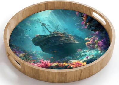 Dienblad rond 40x40 cm - Schootdienblad hout - Schip - Hout - Koraalriffen - Zonlicht - Borrelplank rechthoek - Plateau houten dienbladen