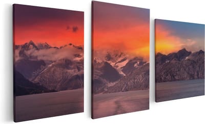 Artaza Canvas Schilderij Drieluik Meer Bij De Bergen Bij Zonsondergang - 120x60 - Foto Op Canvas - Canvas Print