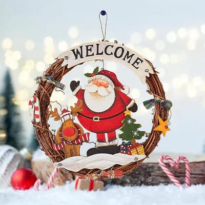 Thijox - Kerstkrans Decoratie 29 cm Rotan met Kerstman, Eland en Kerstboom Ornamenten voor Buiten en Binnen - Slinger voor Voordeur, Muur en Winterfee