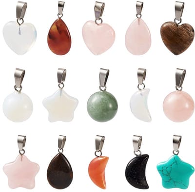 PandaHall gemengde vormen edelsteen hangers hart, maan, ster, druppel en ronde stenen hangers, chakra kralen voor halsketting en sieraden maken, 30 stuks