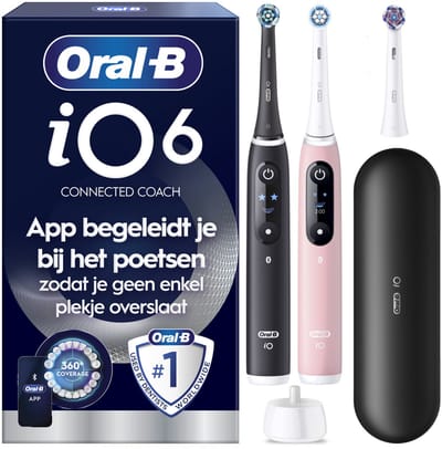 Oral-B iO 6 Elektrische Tandenborstel Dubbelpak - Zwart en Roze - 3 Opzetborstels - Premium Reisetui