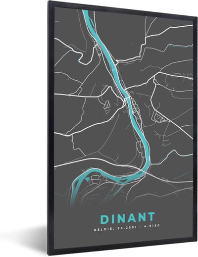 Fotolijst incl. Poster - Plattegrond – Dinant – Blauw – Stadskaart - Kaart - 40x60 cm - Posterlijst