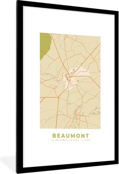 Fotolijst incl. Poster - Kaart - België - Beaumont - Stadskaart - Plattegrond - 60x90 cm - Posterlijst