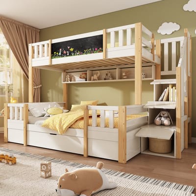 VVBV Stapelbed 90x200 cm - Lades, Opbergtrap, Tekenbord, EN747, Massief Hout, Wit, Zonder Matras, Trap/Ladder - 012A