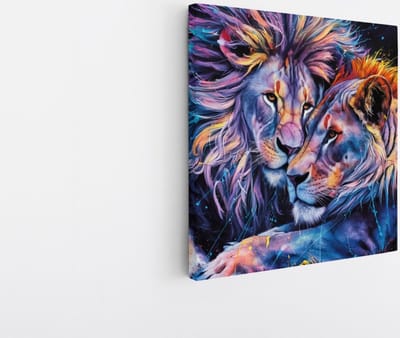 Saammp Canvas Schilderij - Kleurrijk Abstracte Leeuwen koppel - Dieren - Natuur - 20x20 - Foto op canvas - Wanddecoratie - Muurdecoratie Woonkamer - Slaapkamer decoratie - Canvas Print